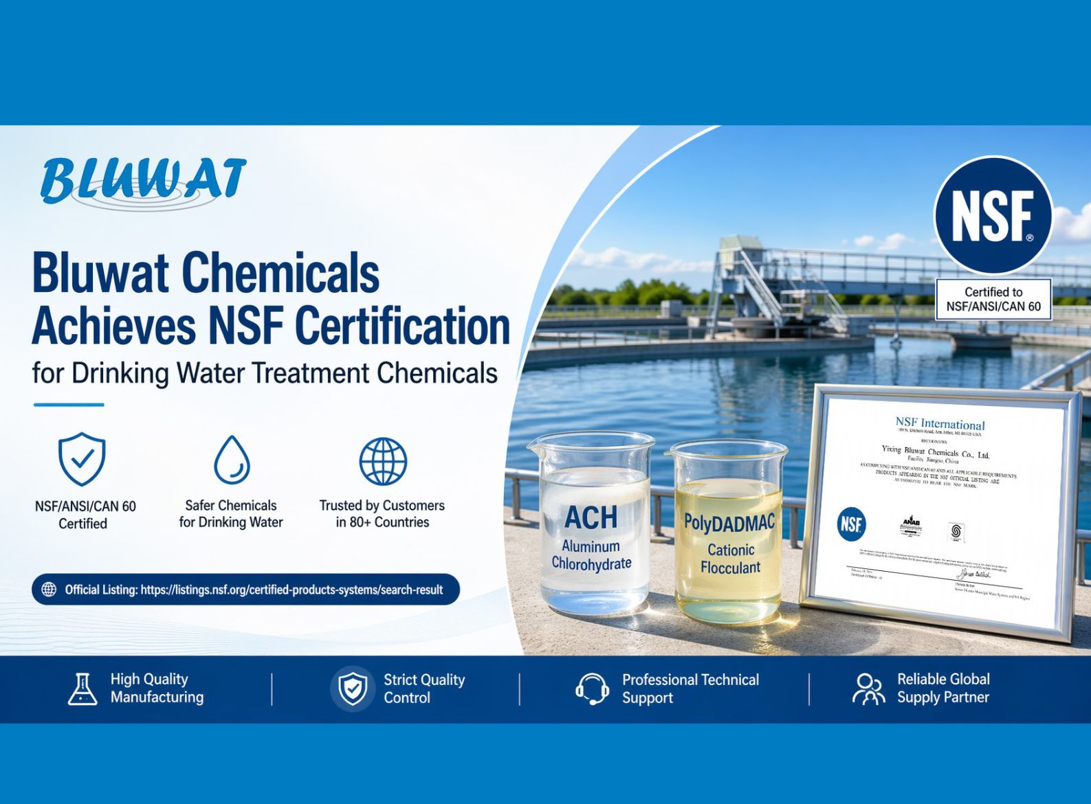 Últimos blogs de la empresa sobre Bluwat Chemicals obtiene la certificación NSF para productos químicos para el tratamiento del agua potable