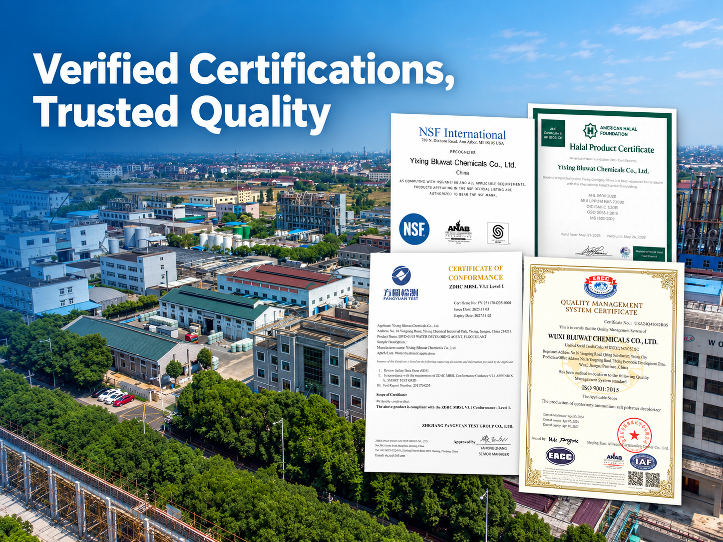Últimos blogs de la empresa sobre Bluwat Chemicals Strengthens Buyer Confidence with Verifiable NSF, Halal, ZDHC and ISO Credentials