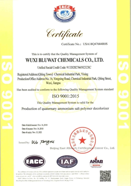 China Yixing bluwat chemicals co.,ltd Certificaciones